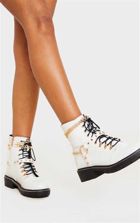 chanel citizen chain white leather lace up ankle boots|Buy designer Boots by Chanel at The Luxury Closet..